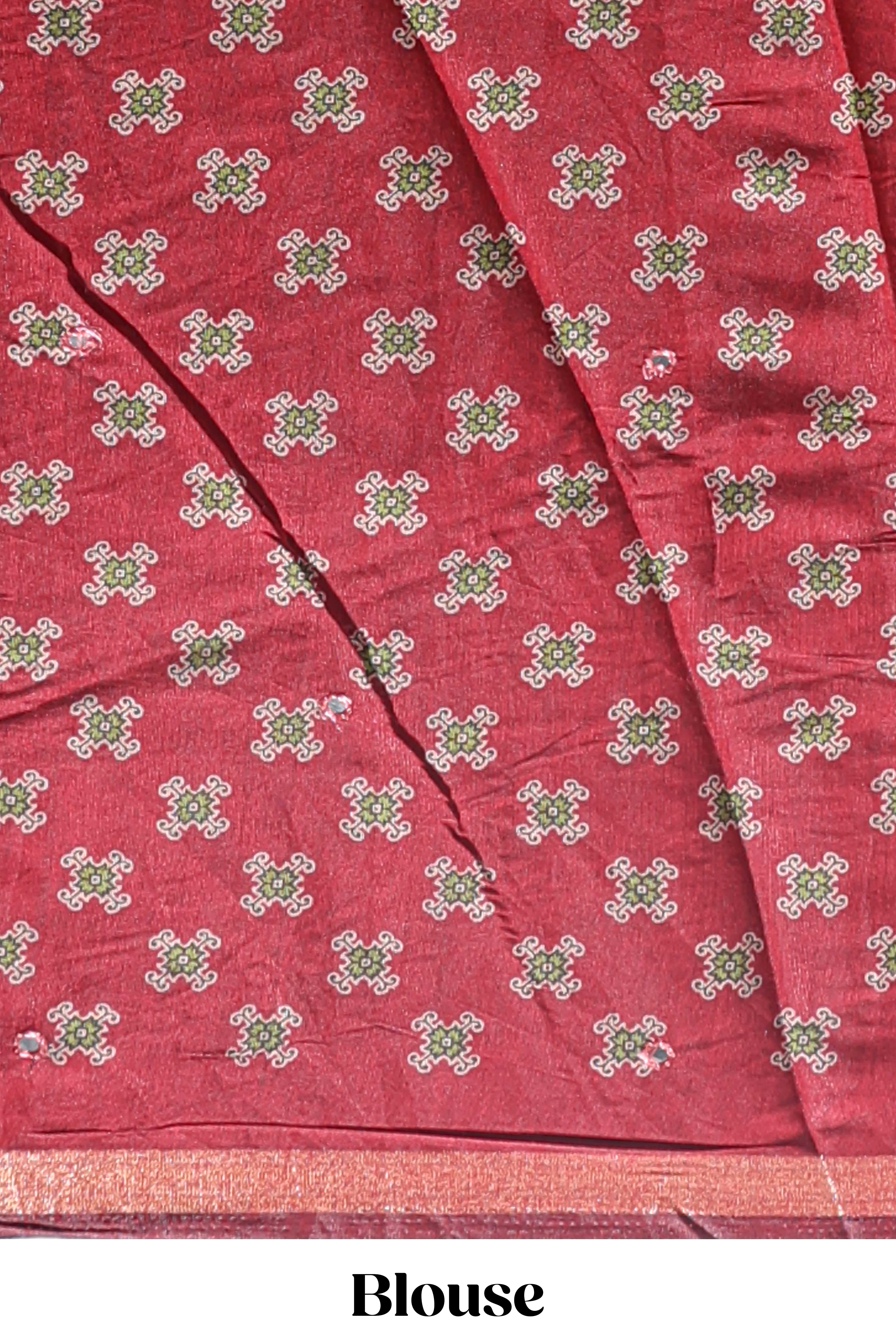 Peach printed marsh mellow saree with contrast floral border and tassel pallu