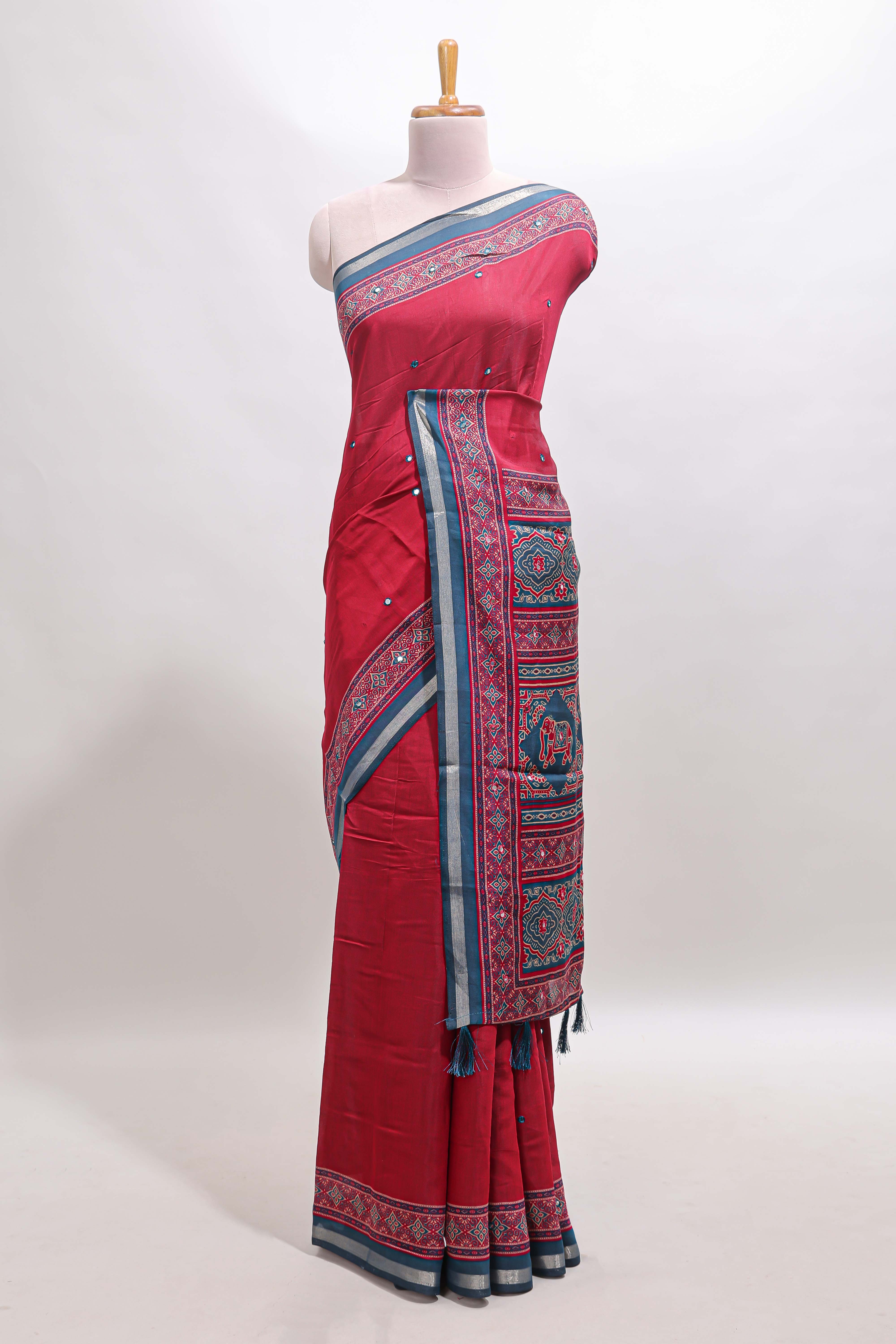 Maroon embroidery mirror work marsh mellow saree with contrast border and printed blouse