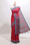 Maroon embroidery mirror work marsh mellow saree with contrast border and printed blouse