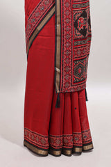 Red embroidery mirror work marsh mellow saree with contrast border and printed blouse