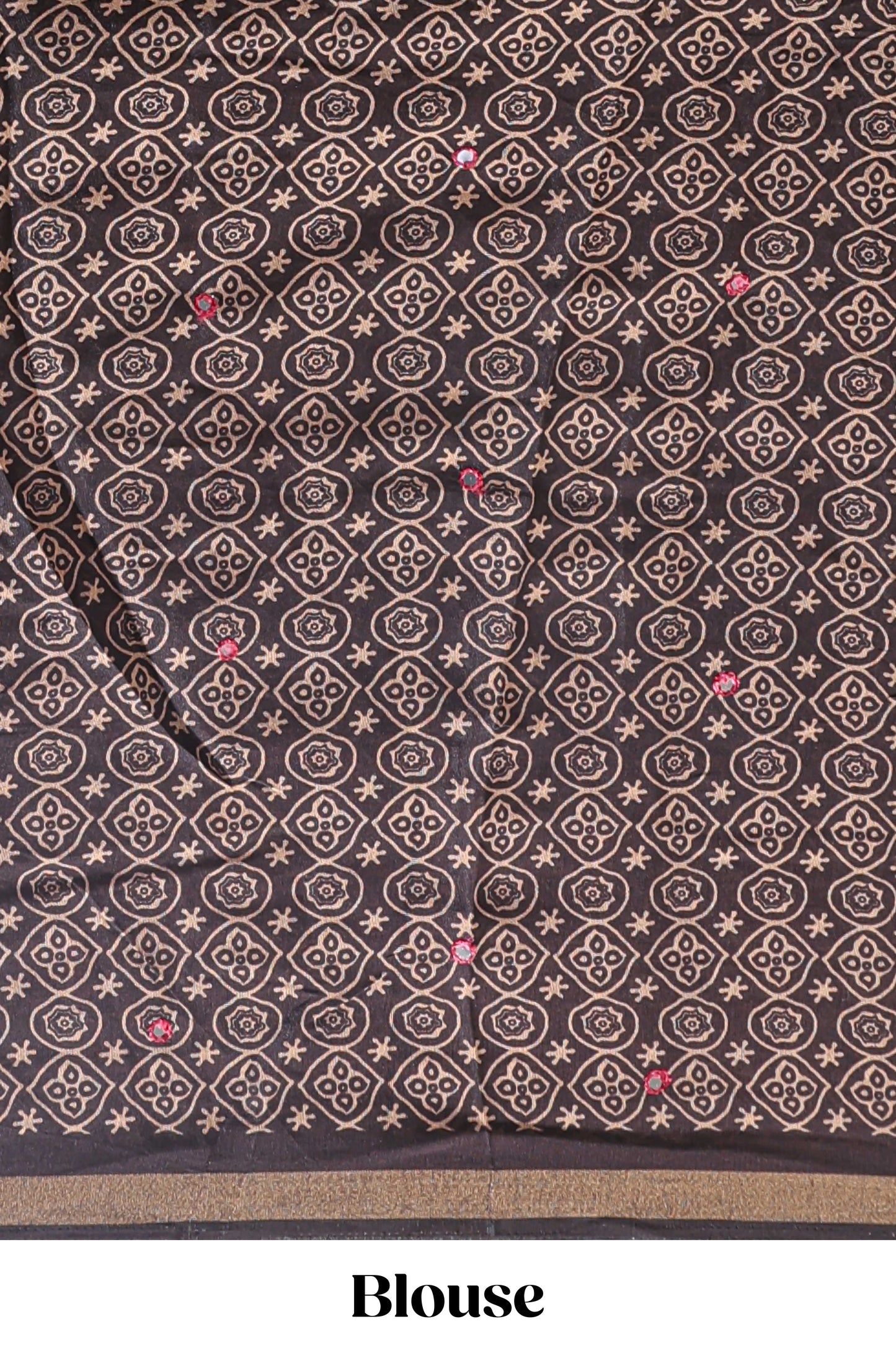 Red embroidery mirror work marsh mellow saree with contrast border and printed blouse