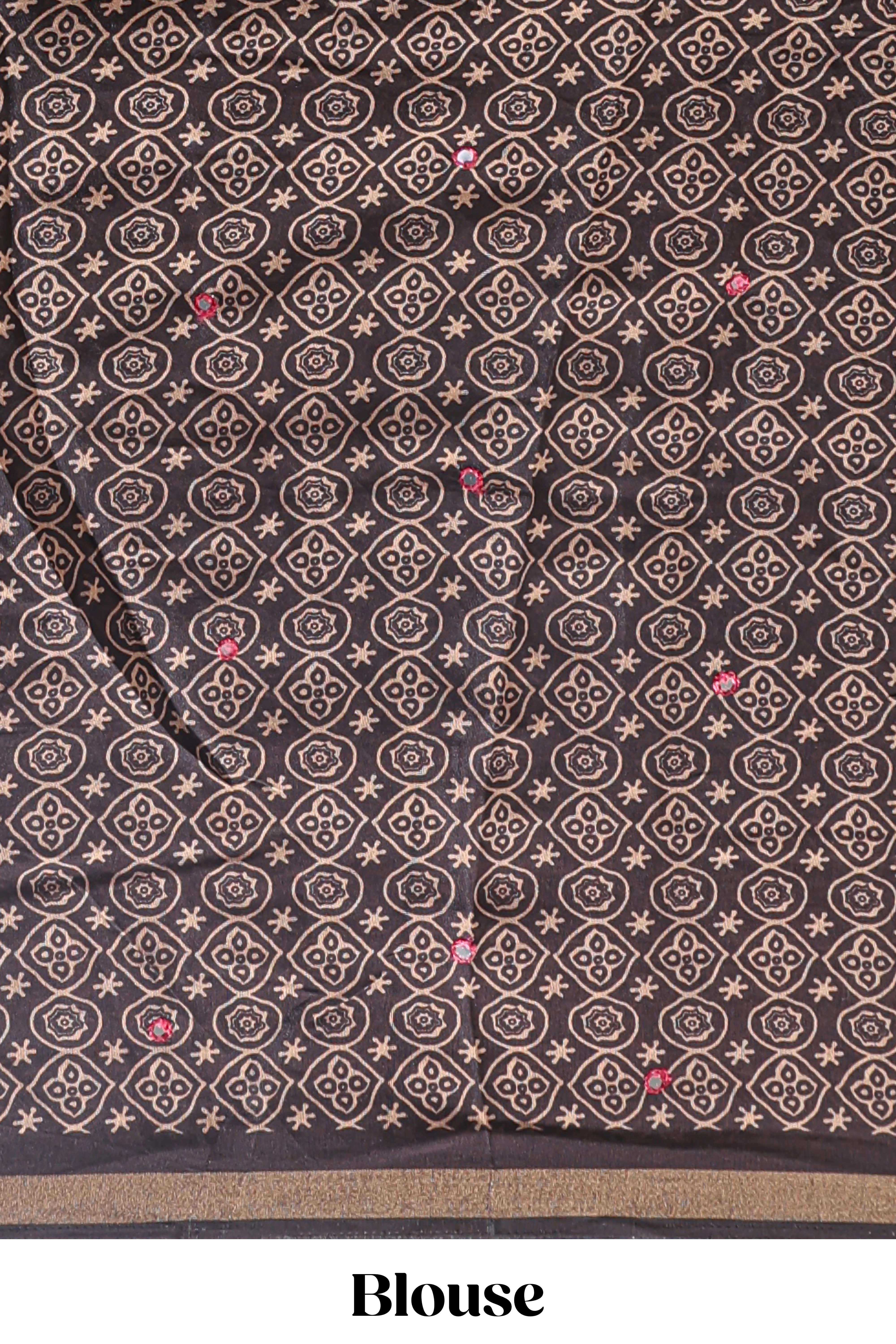 Red embroidery mirror work marsh mellow saree with contrast border and printed blouse