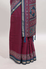 Purple embroidery mirror work marsh mellow saree with contrast border and printed blouse