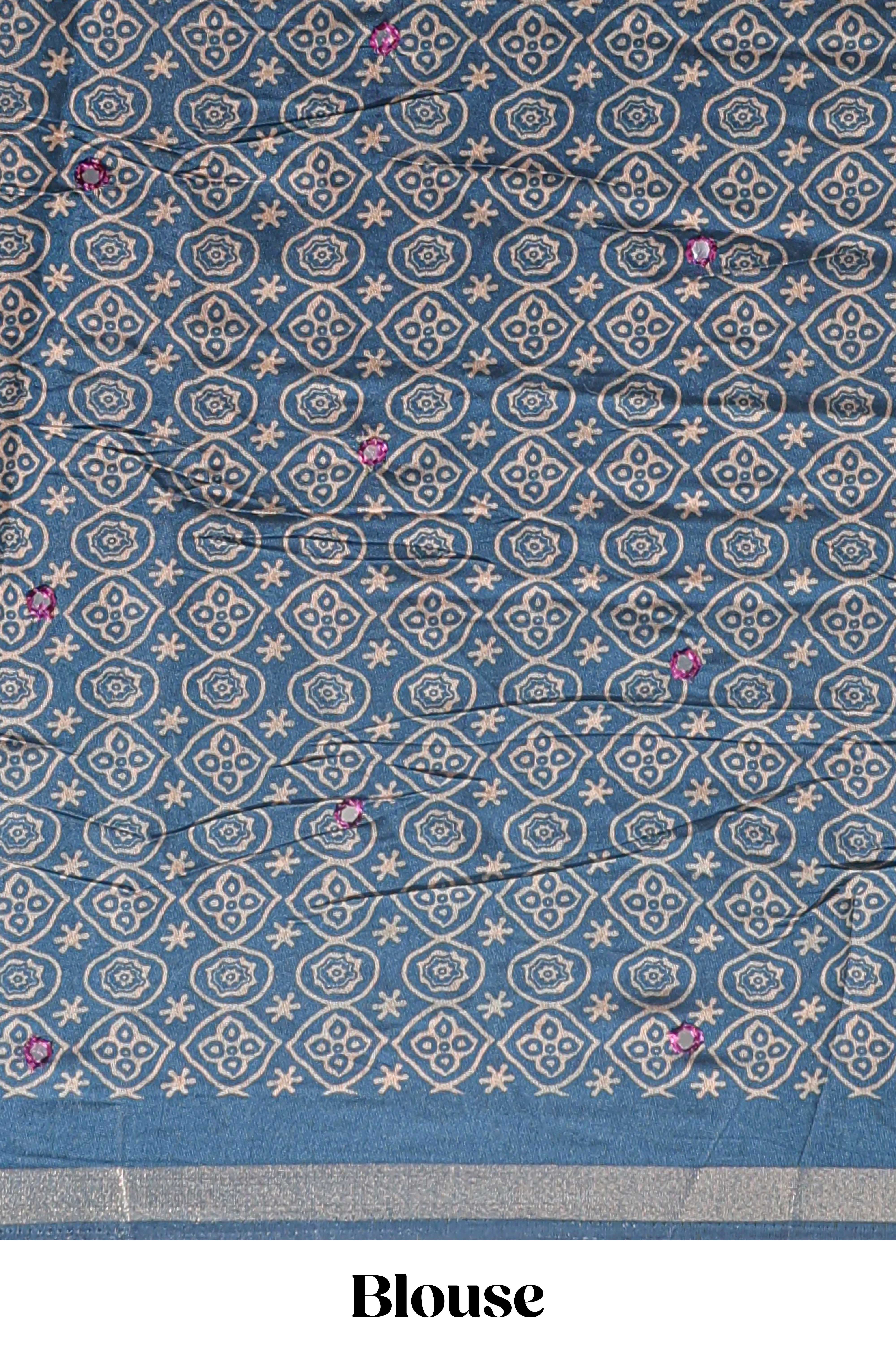 Purple embroidery mirror work marsh mellow saree with contrast border and printed blouse
