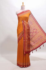 Mustard embroidery mirror work marsh mellow saree with contrast border and printed blouse