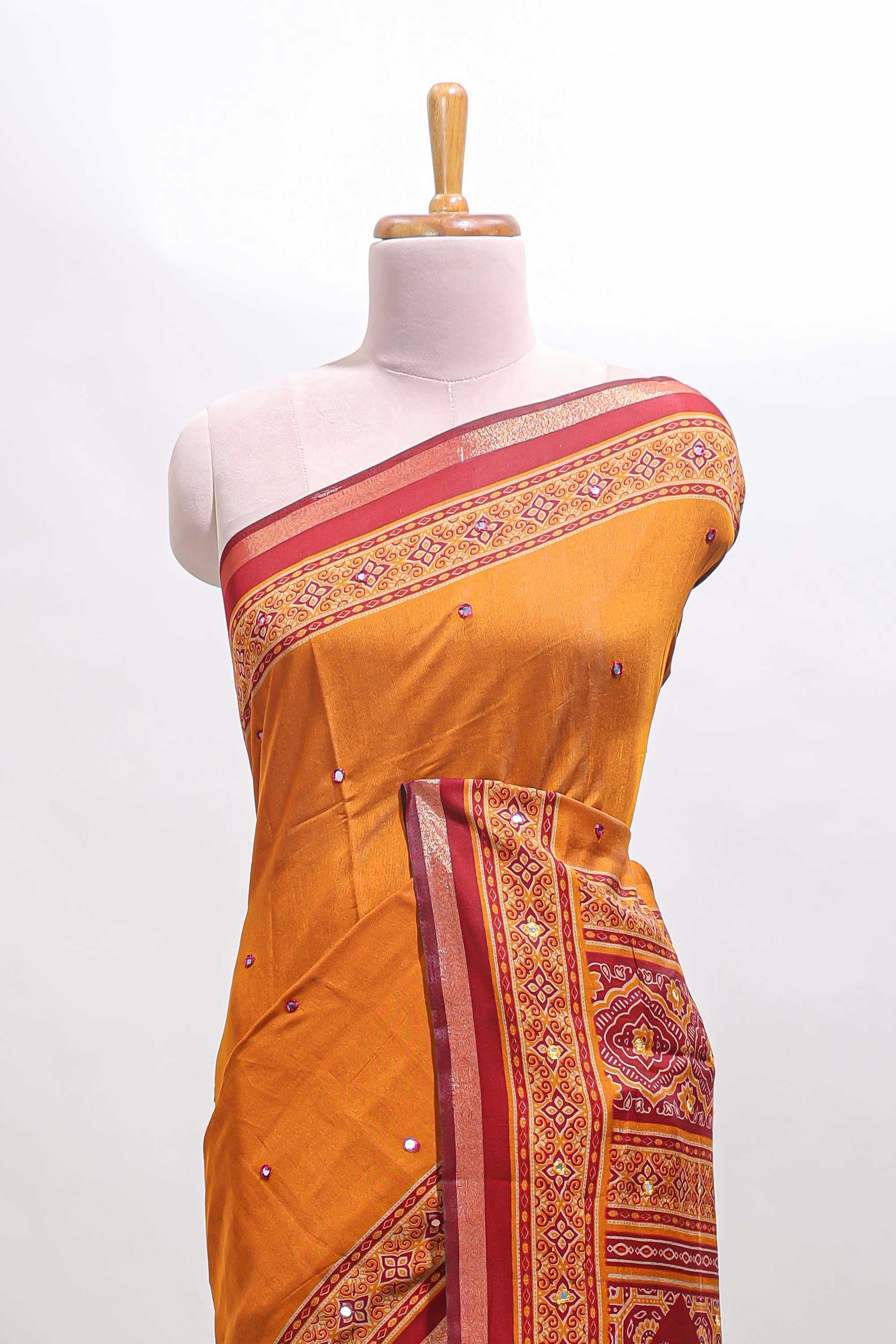 Mustard embroidery mirror work marsh mellow saree with contrast border and printed blouse