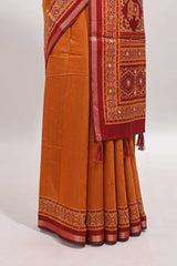 Mustard embroidery mirror work marsh mellow saree with contrast border and printed blouse
