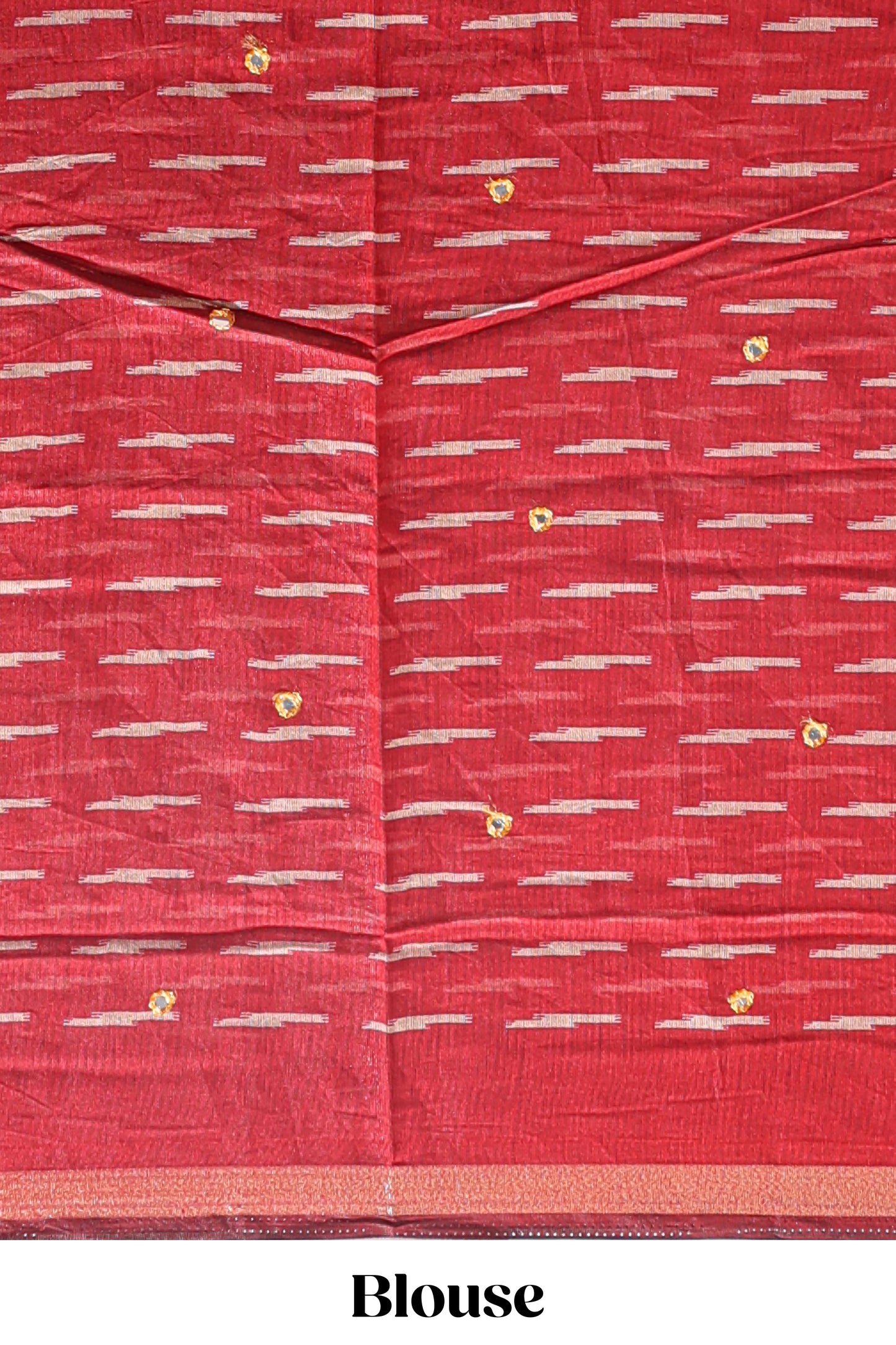 Beige chevron embroidery mirror work marsh mellow saree with contrast red border and printed blouse