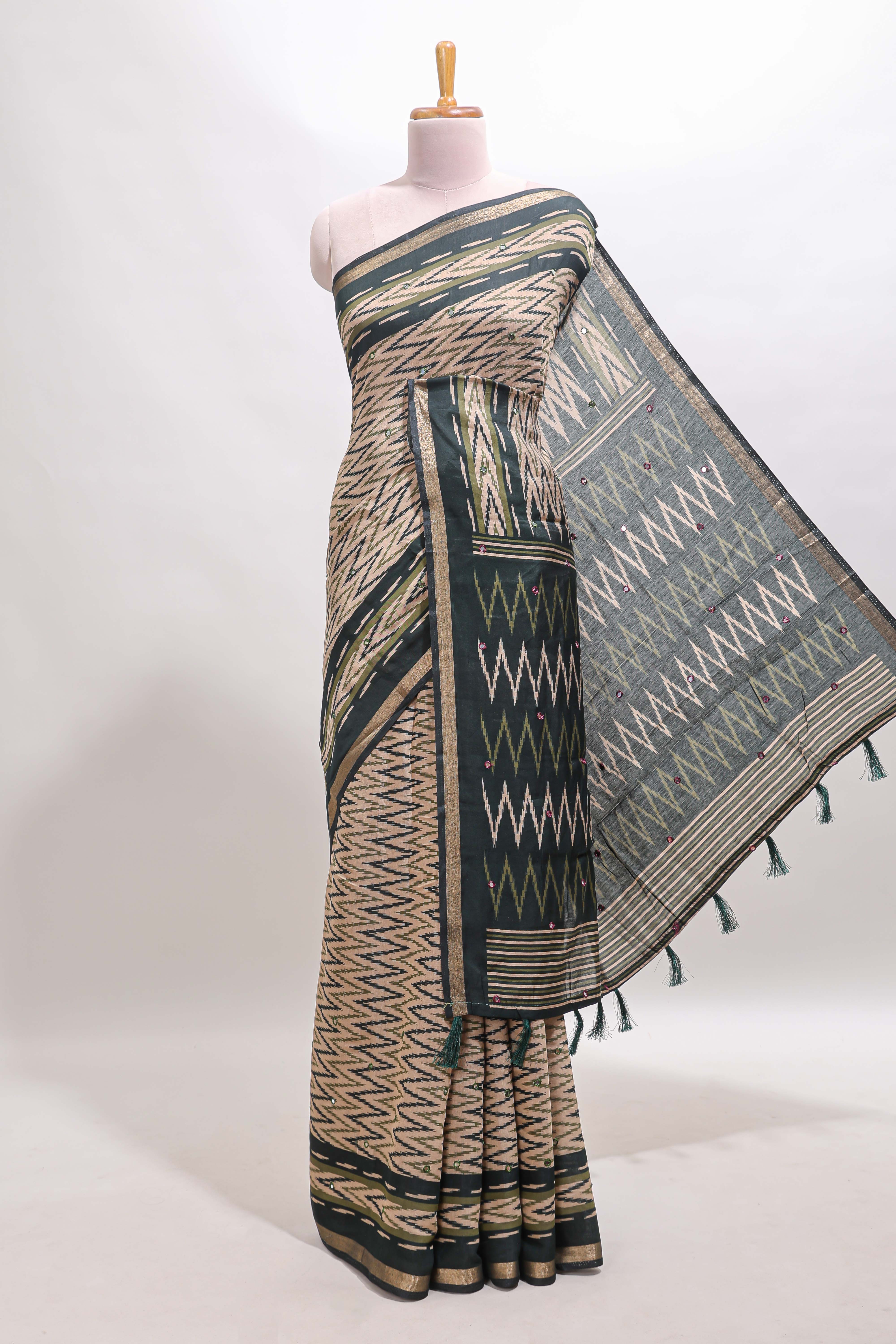 Beige chevron embroidery mirror work marsh mellow saree with contrast green border and printed blouse