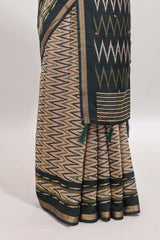 Beige chevron embroidery mirror work marsh mellow saree with contrast green border and printed blouse
