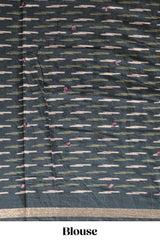 Beige chevron embroidery mirror work marsh mellow saree with contrast green border and printed blouse