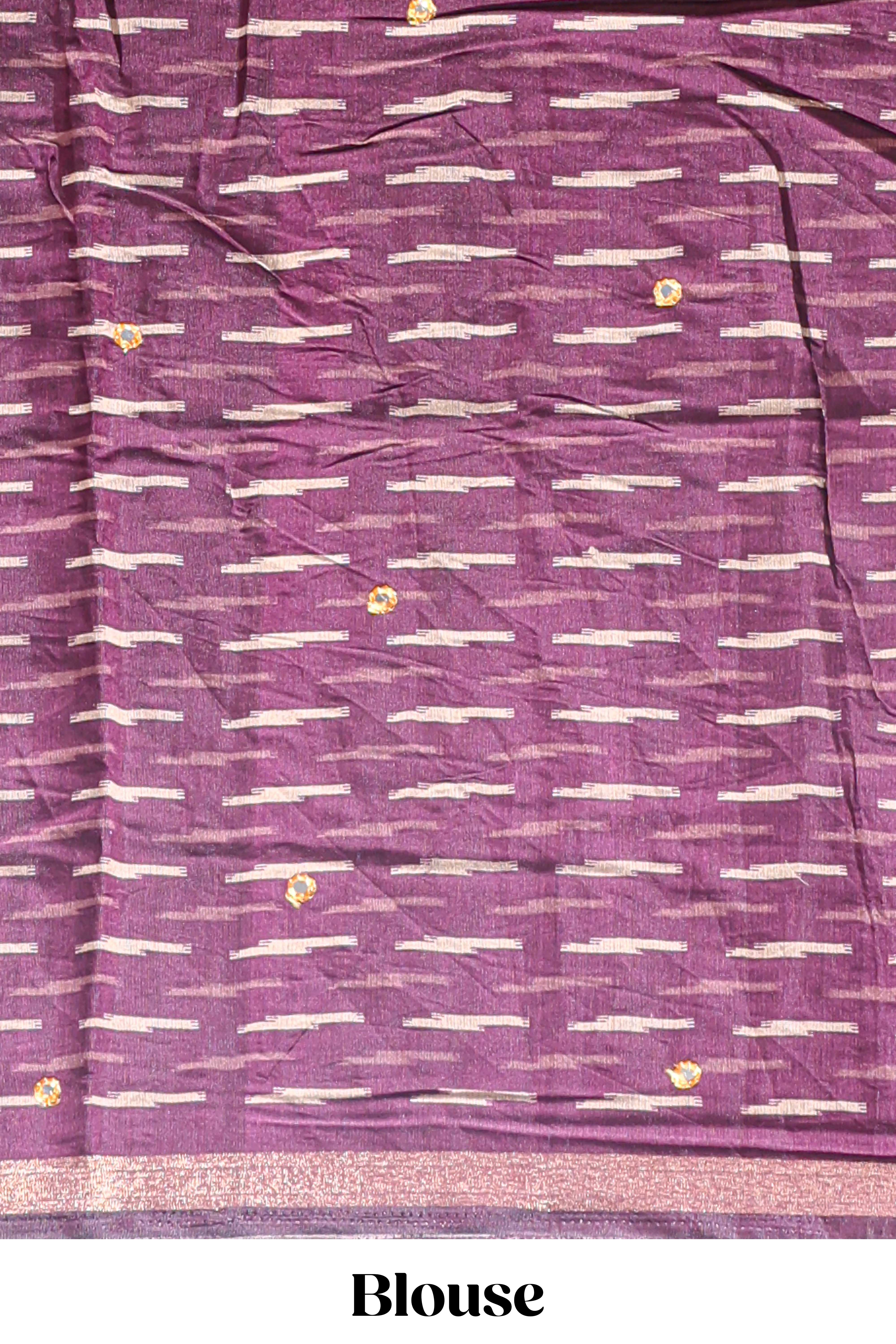 Beige chevron embroidery mirror work marsh mellow saree with contrast purple border and printed blouse