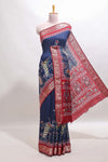 Blue peacock & floral design marsh mellow saree with contrast border and printed blouse