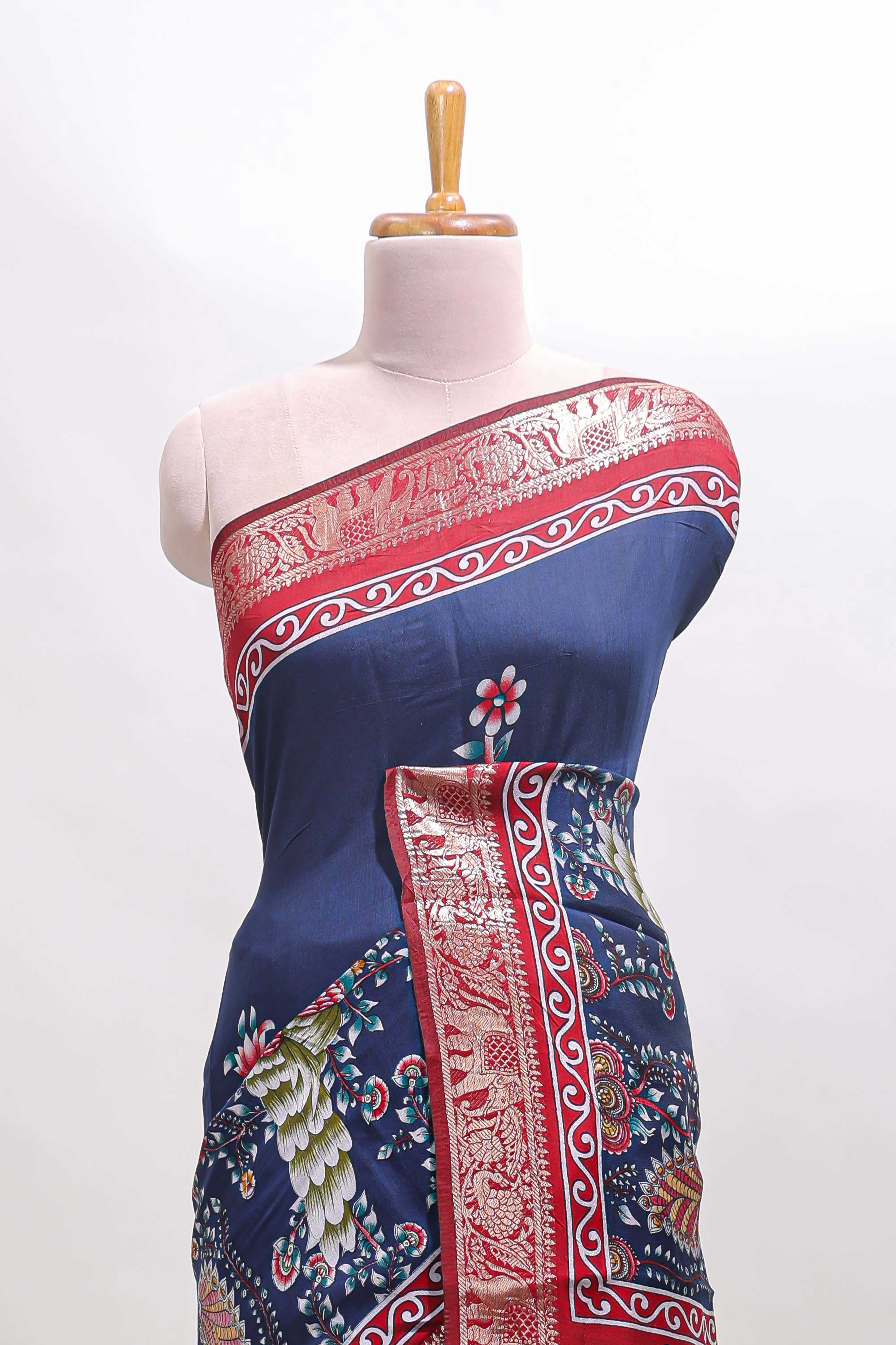 Blue peacock & floral design marsh mellow saree with contrast border and printed blouse