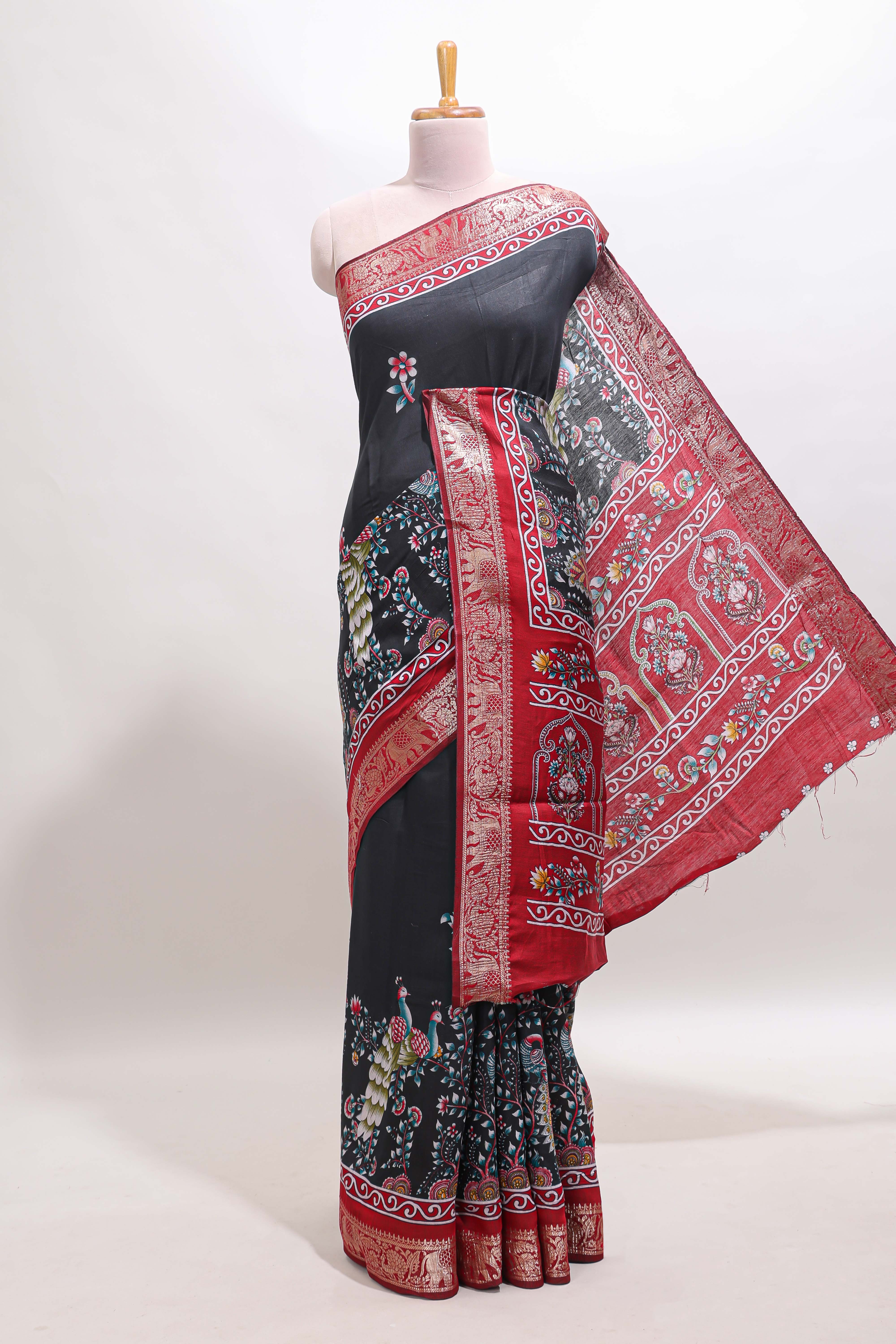 Black peacock & floral design marsh mellow saree with contrast border and printed blouse