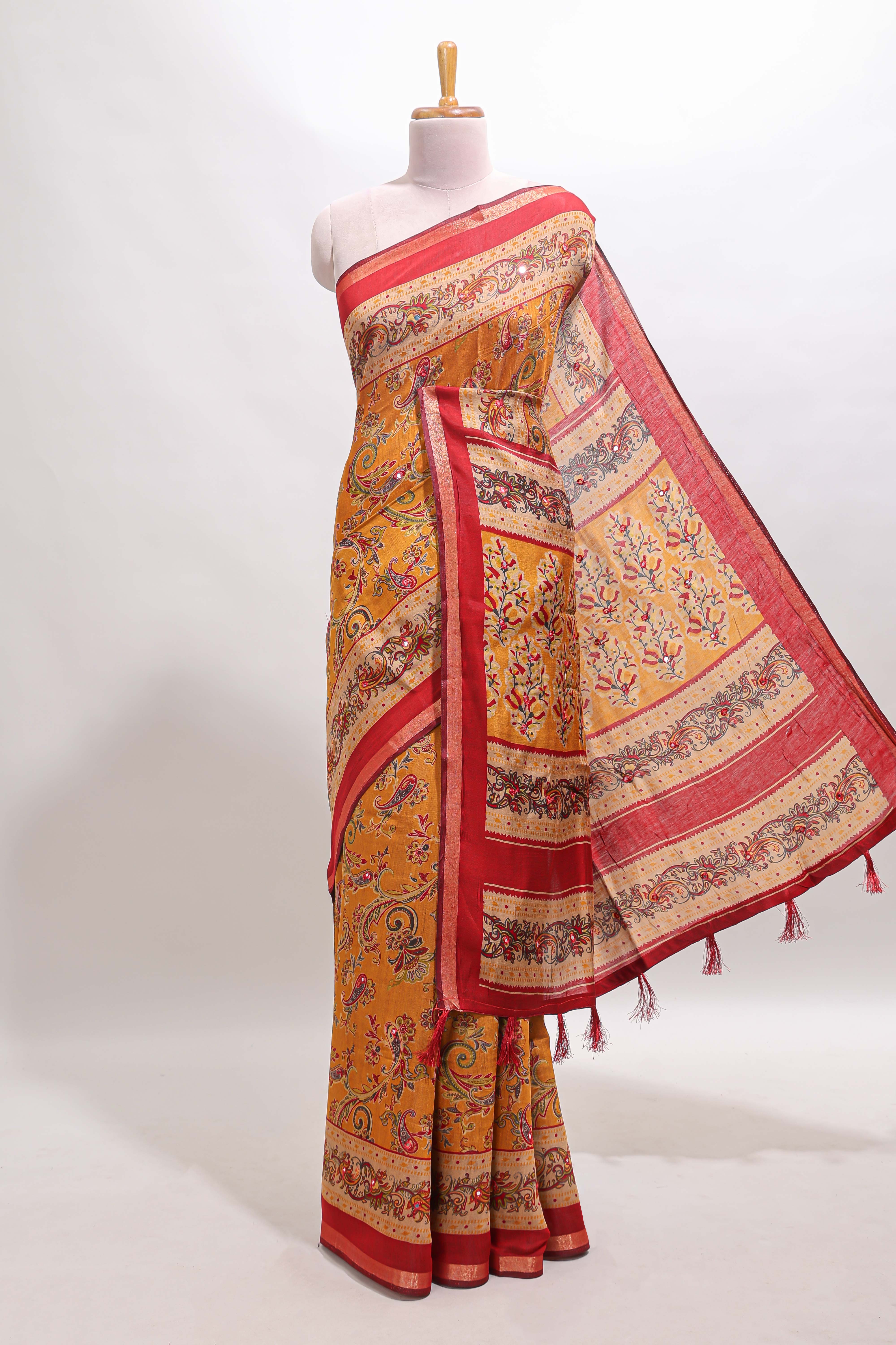 Mustard floral motifs design marsh mellow saree with contrast border and printed blouse