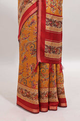 Mustard floral motifs design marsh mellow saree with contrast border and printed blouse