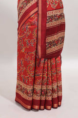 Red floral motifs design marsh mellow saree with contrast border and printed blouse