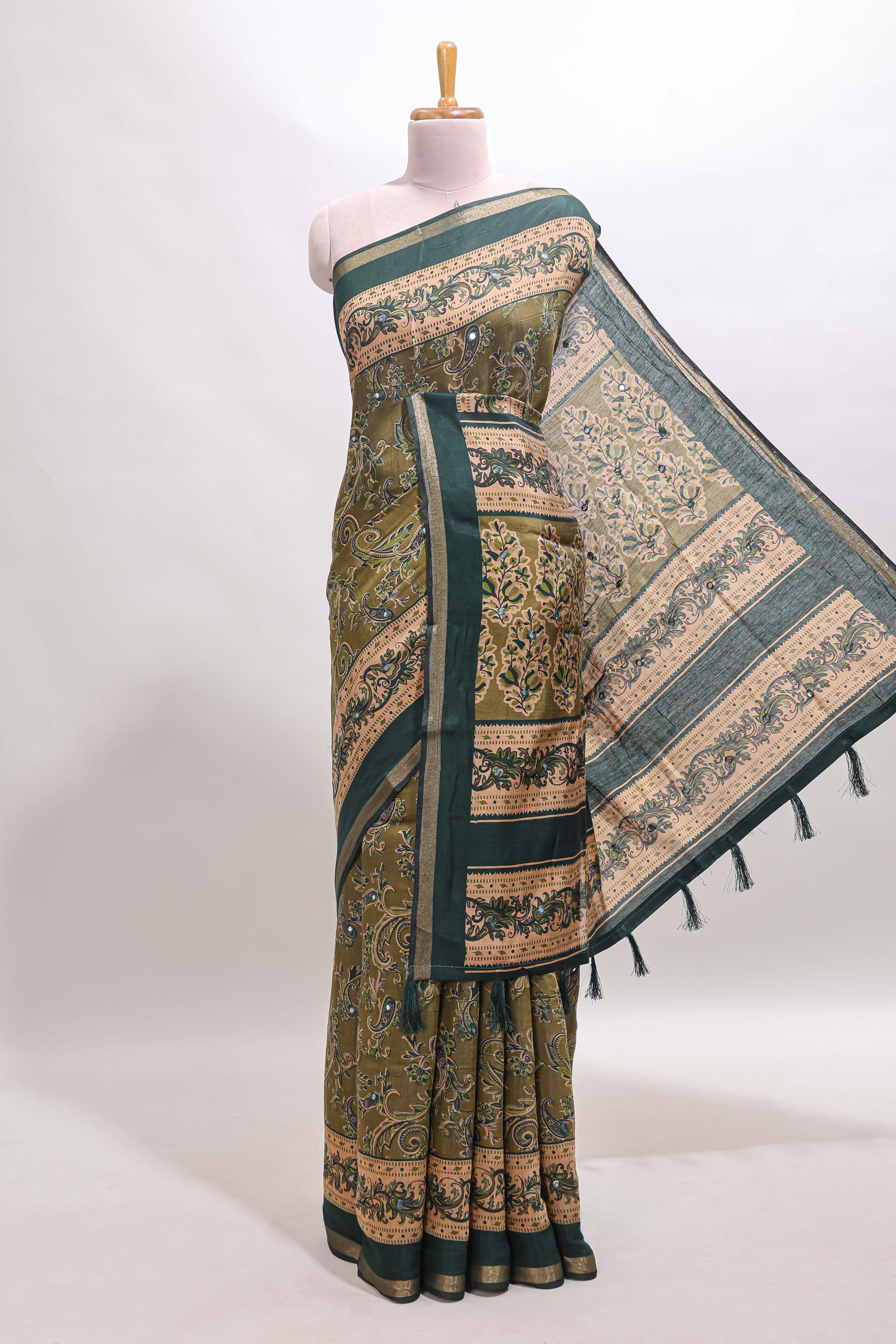 Green floral motifs design marsh mellow saree with contrast border and printed blouse