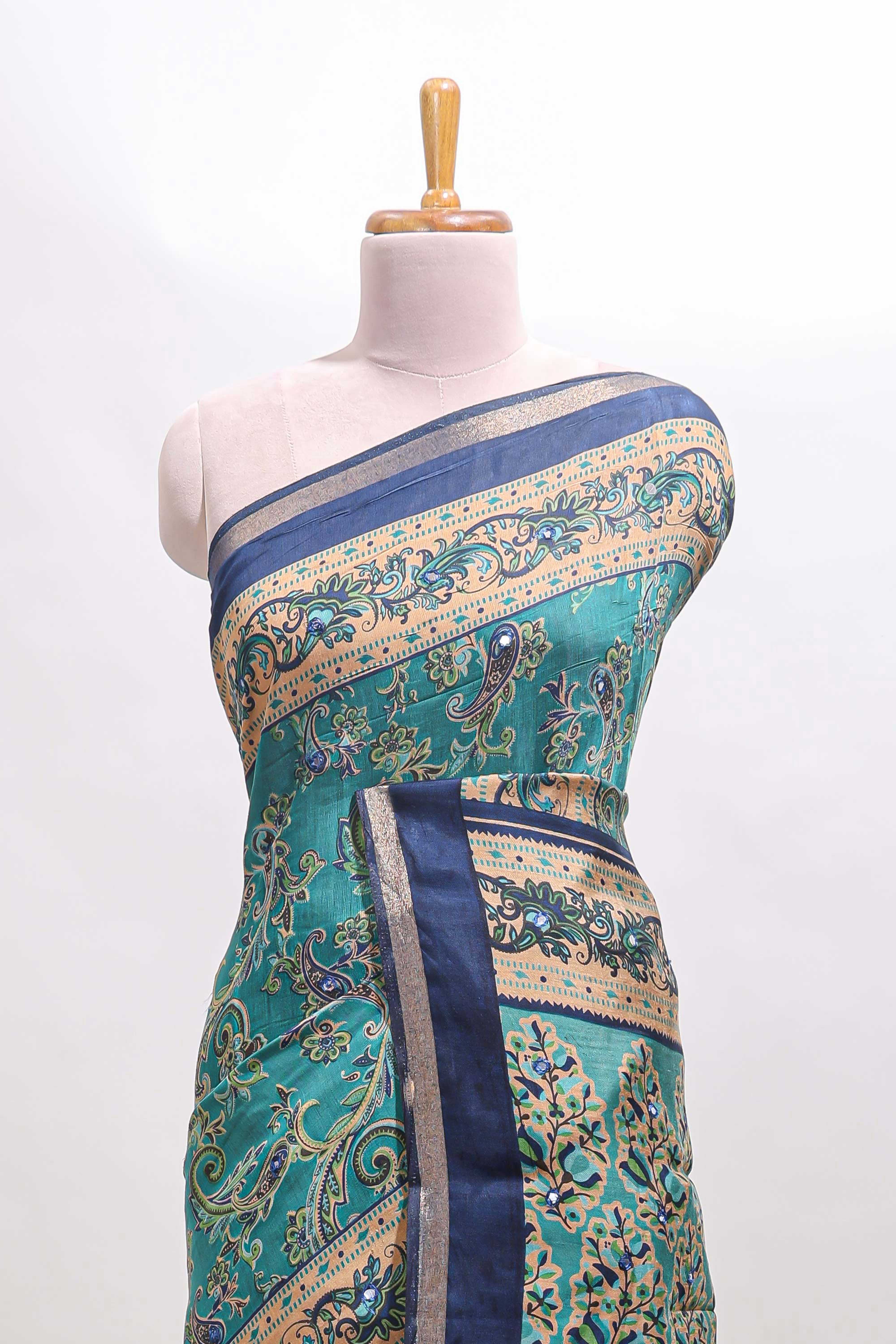Peacock blue floral motifs design marsh mellow saree with contrast border and printed blouse