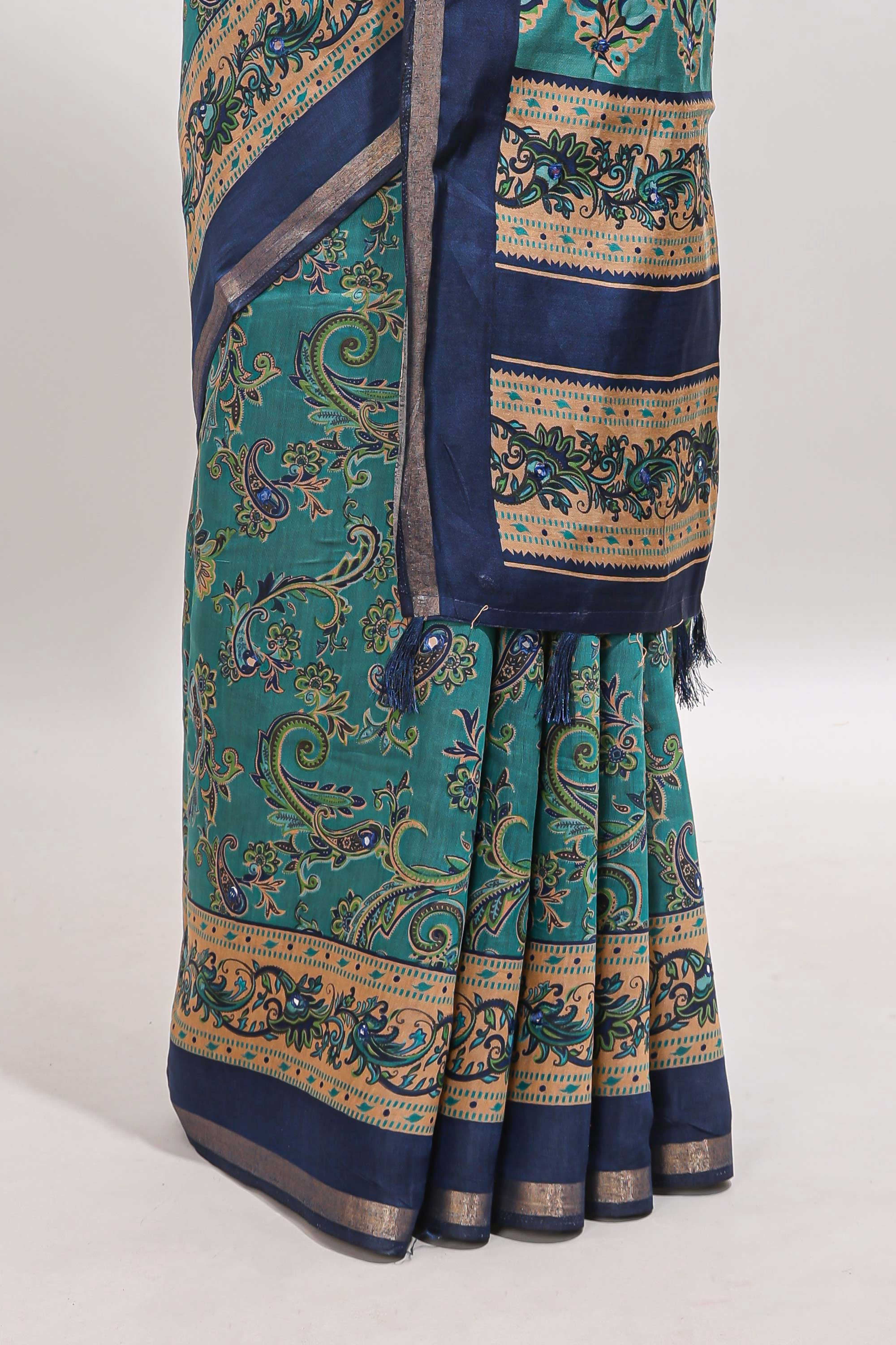 Peacock blue floral motifs design marsh mellow saree with contrast border and printed blouse