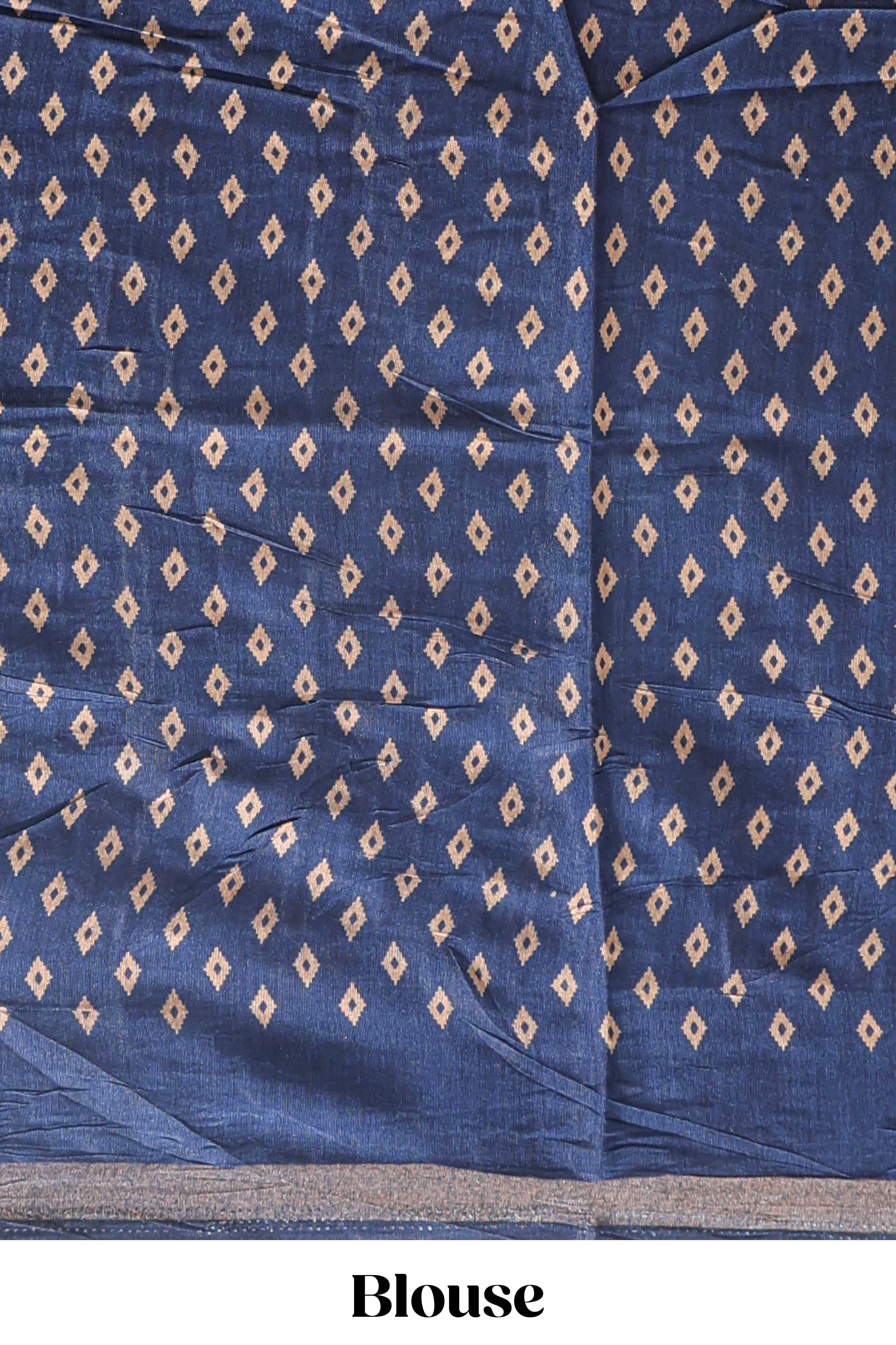 Peacock blue floral motifs design marsh mellow saree with contrast border and printed blouse