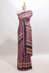 Purple floral motifs design marsh mellow saree with contrast border and printed blouse