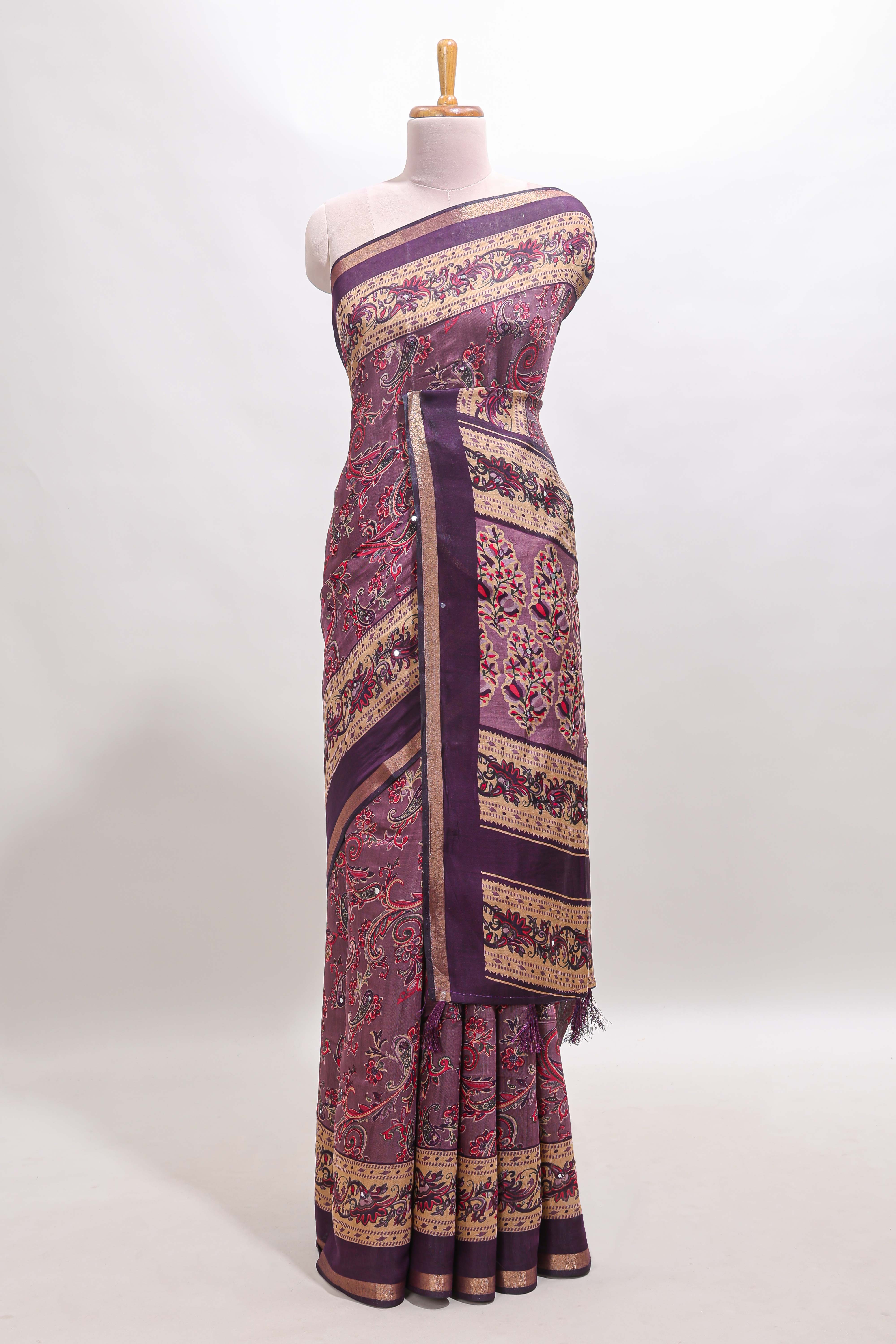 Purple floral motifs design marsh mellow saree with contrast border and printed blouse