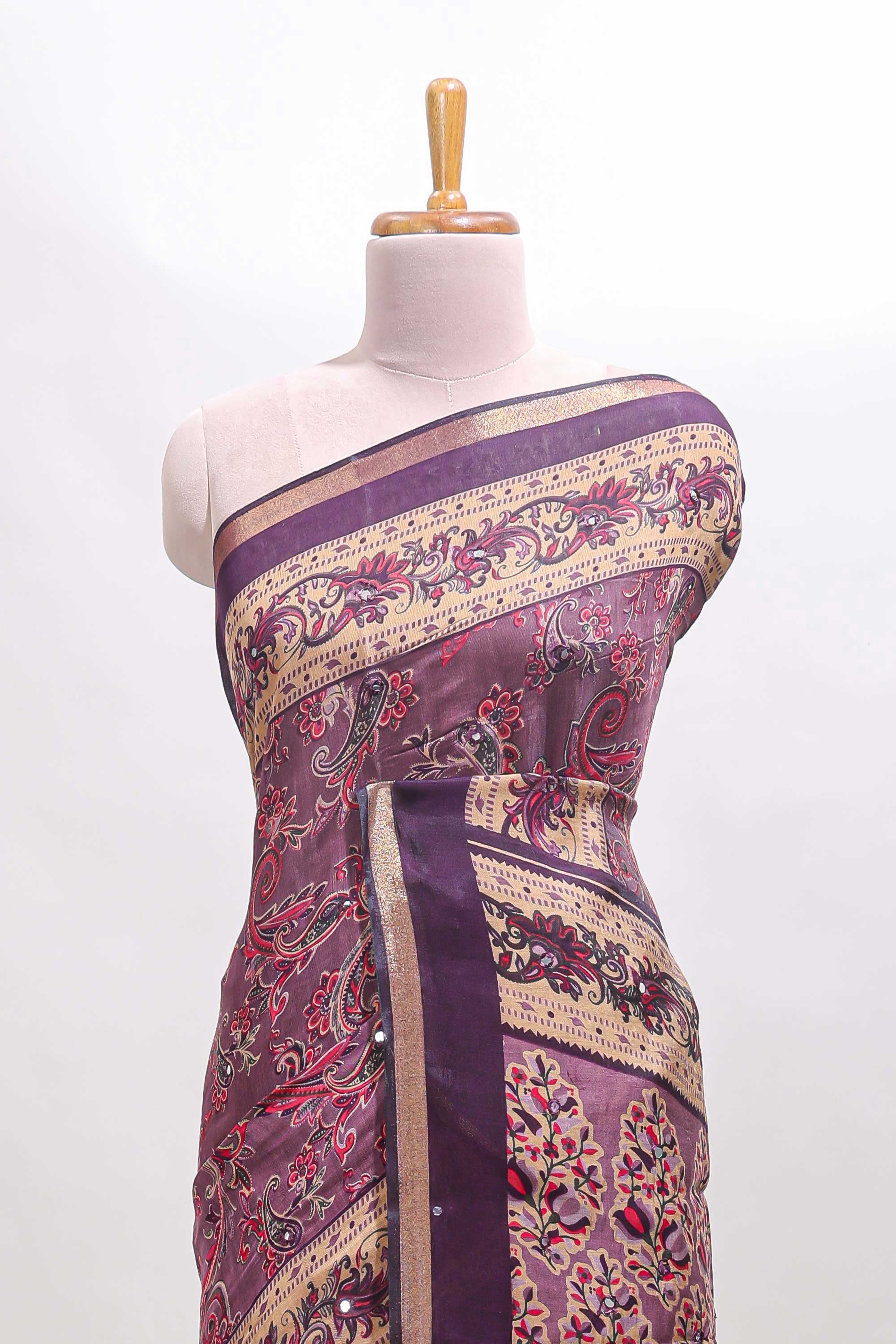Purple floral motifs design marsh mellow saree with contrast border and printed blouse