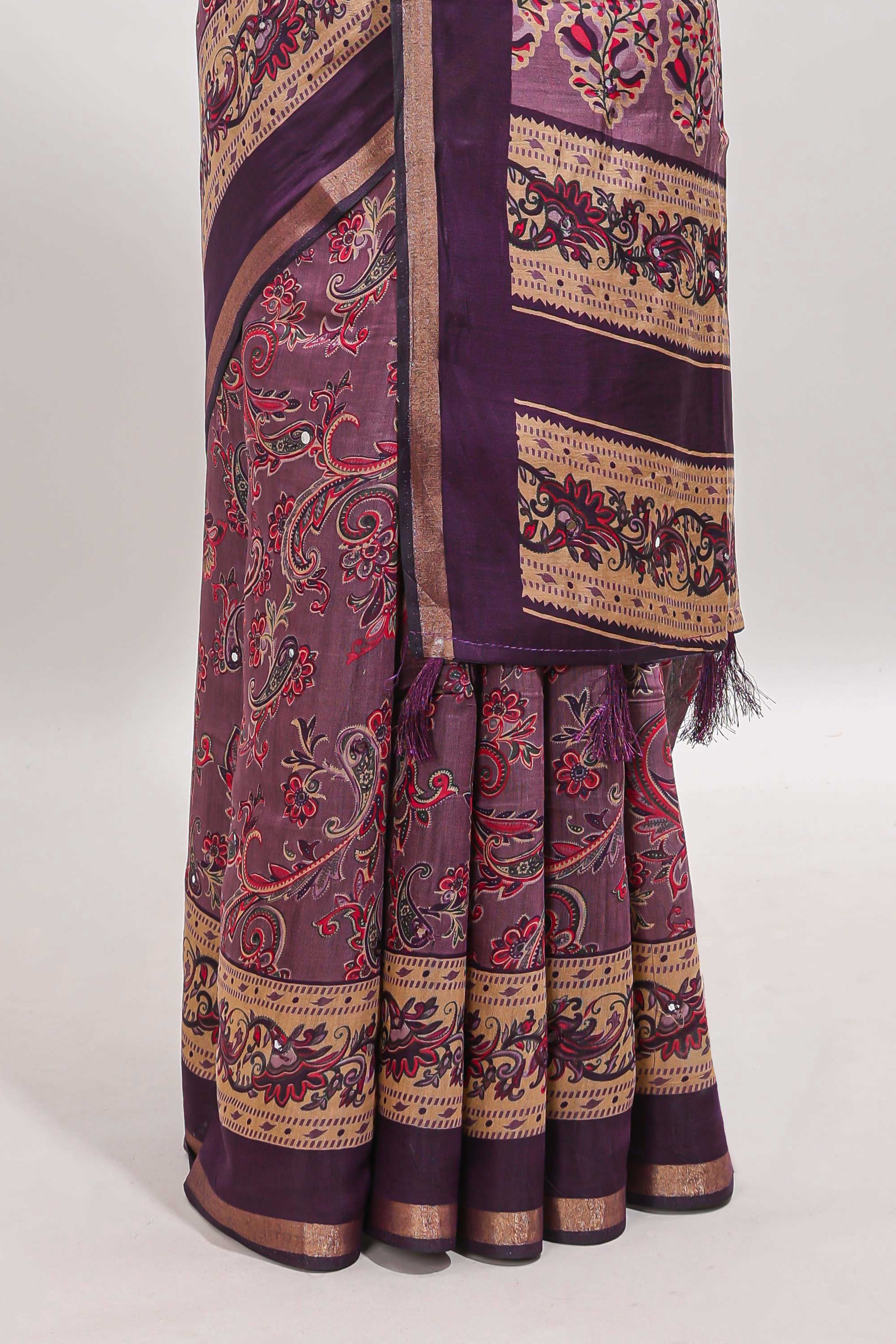 Purple floral motifs design marsh mellow saree with contrast border and printed blouse