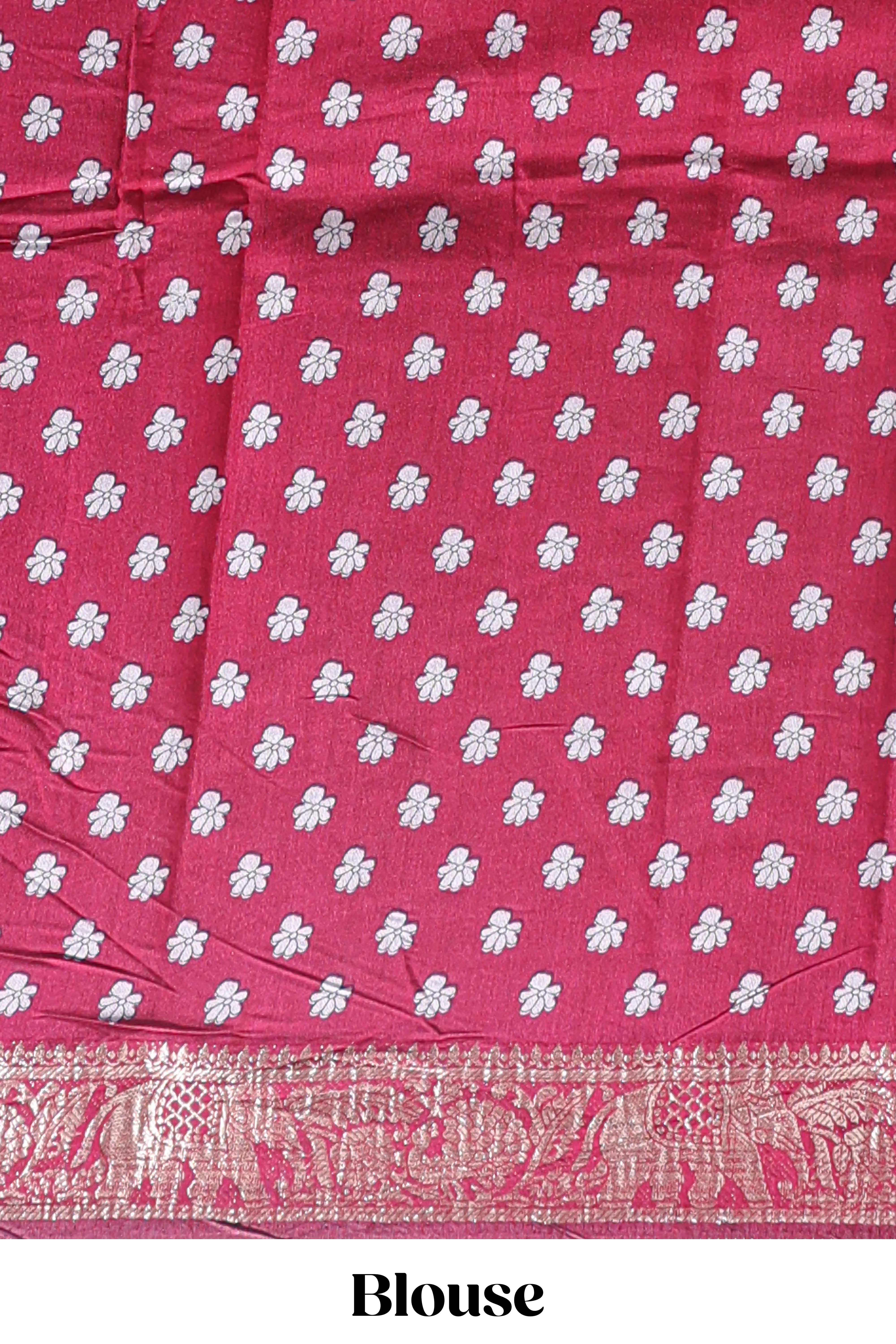 Mustard peacock & floral design marsh mellow saree with contrast border and printed blouse