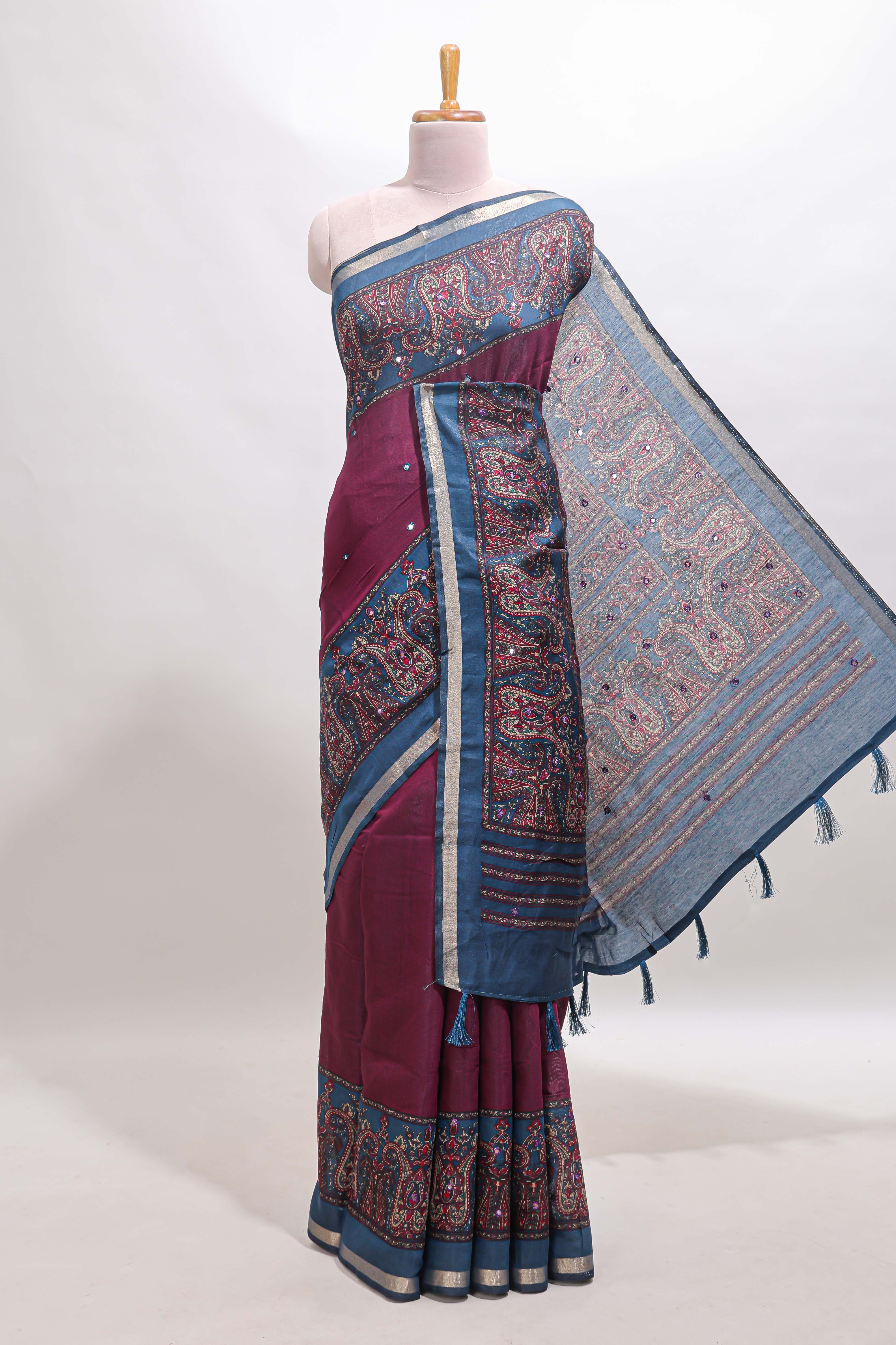 Purple mirror work embroidery design marsh mellow saree with contrast border and printed blouse