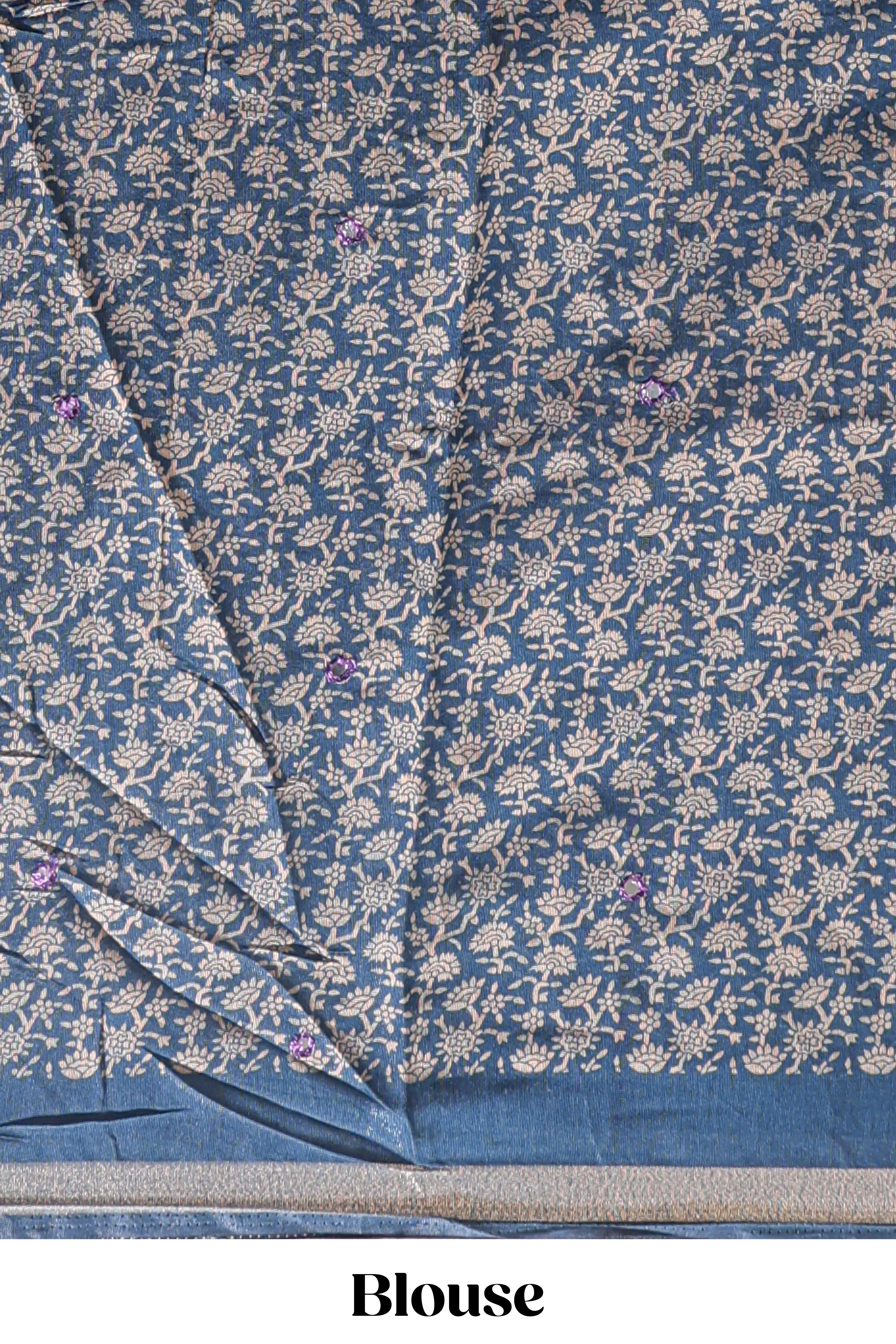 Purple mirror work embroidery design marsh mellow saree with contrast border and printed blouse