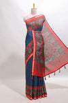 Blue mirror work embroidery design marsh mellow saree with contrast border and printed blouse