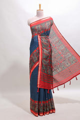 Blue mirror work embroidery design marsh mellow saree with contrast border and printed blouse