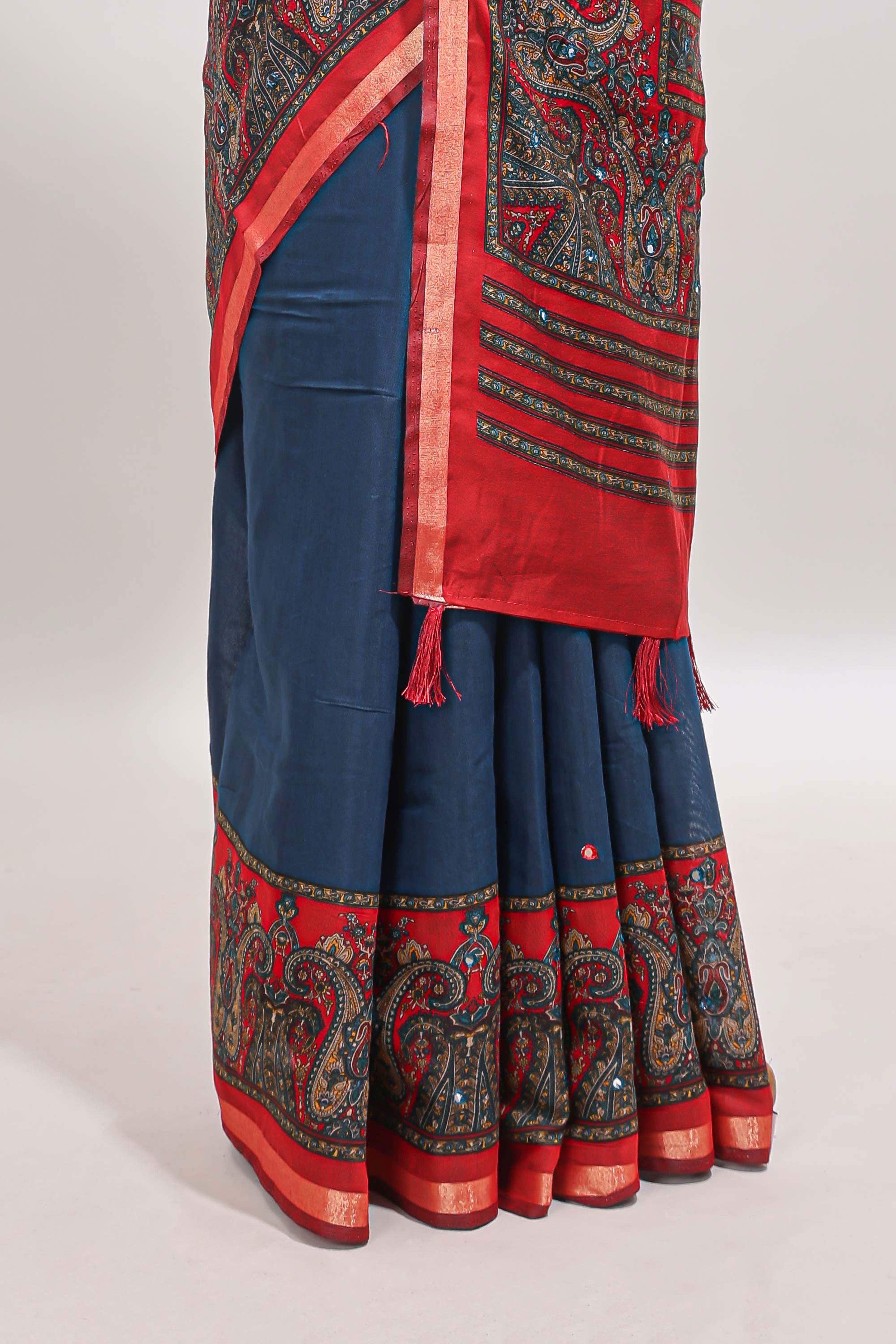 Blue mirror work embroidery design marsh mellow saree with contrast border and printed blouse