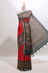 Red mirror work embroidery design marsh mellow saree with contrast border and printed blouse