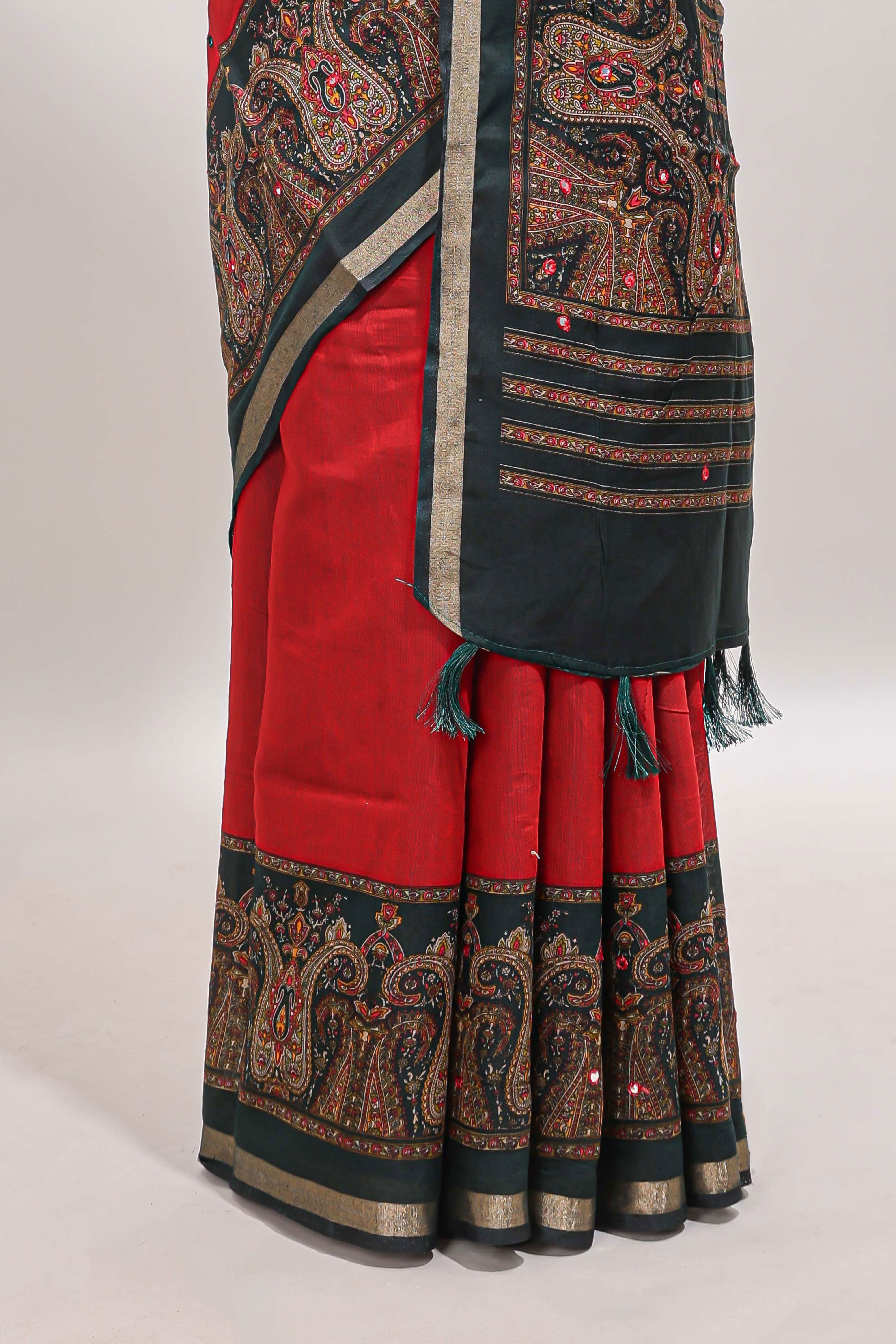 Red mirror work embroidery design marsh mellow saree with contrast border and printed blouse