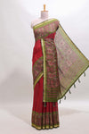 Maroon mirror work embroidery design marsh mellow saree with contrast border and printed blouse