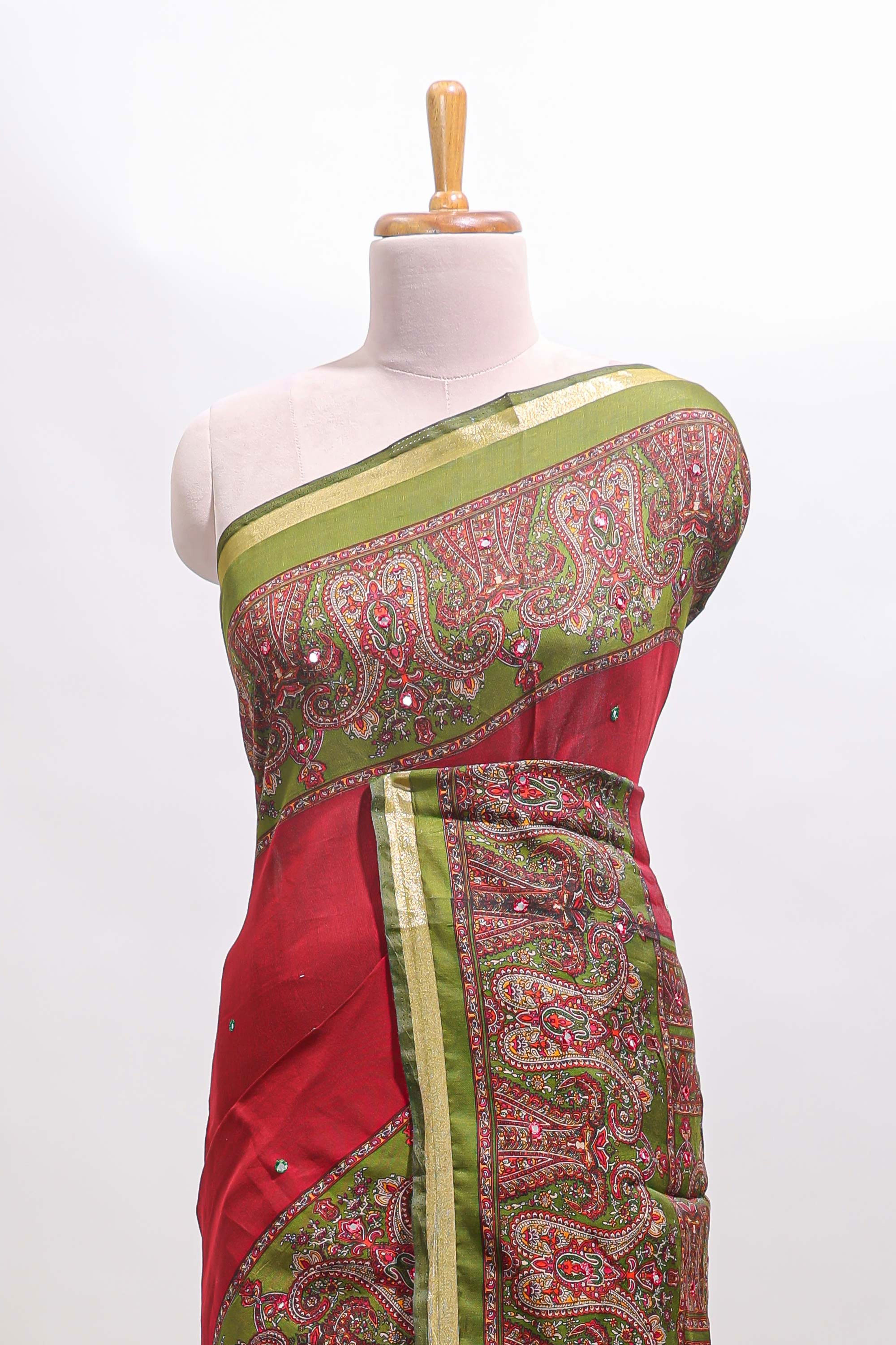 Maroon mirror work embroidery design marsh mellow saree with contrast border and printed blouse