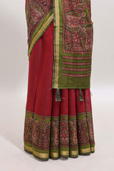 Maroon mirror work embroidery design marsh mellow saree with contrast border and printed blouse