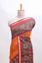 Orange mirror work embroidery design marsh mellow saree with contrast border and printed blouse