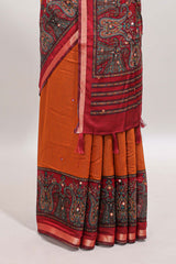 Orange mirror work embroidery design marsh mellow saree with contrast border and printed blouse