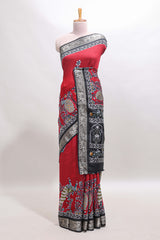 Red peacock & floral design marsh mellow saree with contrast border and printed blouse