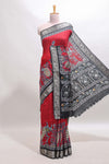 Red peacock & floral design marsh mellow saree with contrast border and printed blouse