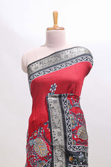 Red peacock & floral design marsh mellow saree with contrast border and printed blouse