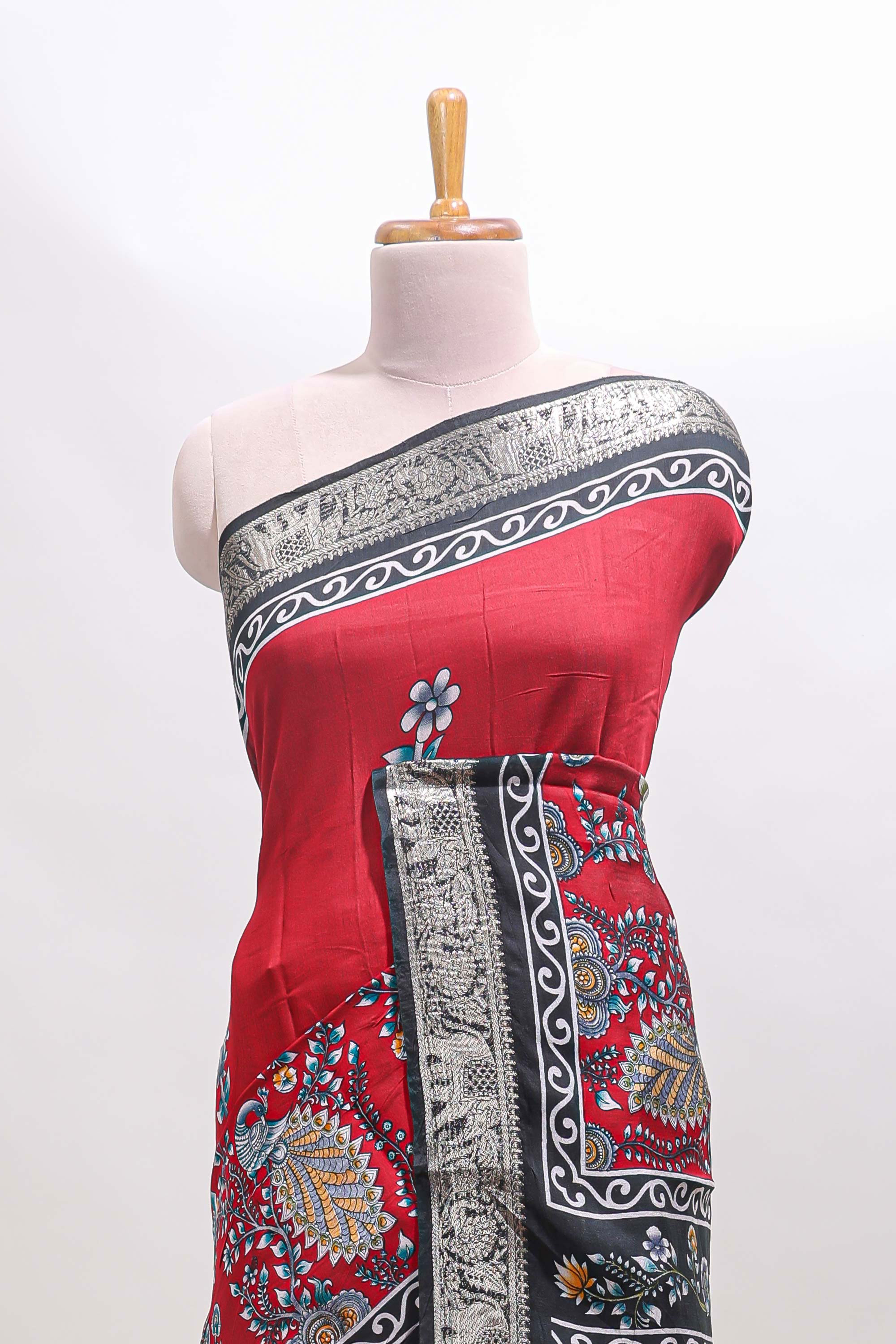 Red peacock & floral design marsh mellow saree with contrast border and printed blouse