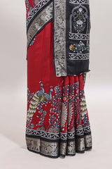 Red peacock & floral design marsh mellow saree with contrast border and printed blouse