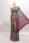 Green peacock & floral design marsh mellow saree with contrast border and printed blouse