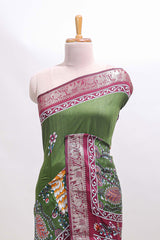 Green peacock & floral design marsh mellow saree with contrast border and printed blouse
